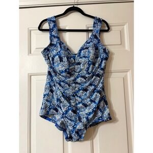 Azul | Ruched One Piece plus size Swimsuit Paisley Print 18W || Blue|